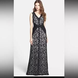 Tadashi Shoji Lace V-Neck Gown with Pintuck Jersey Piping black lace white 4
